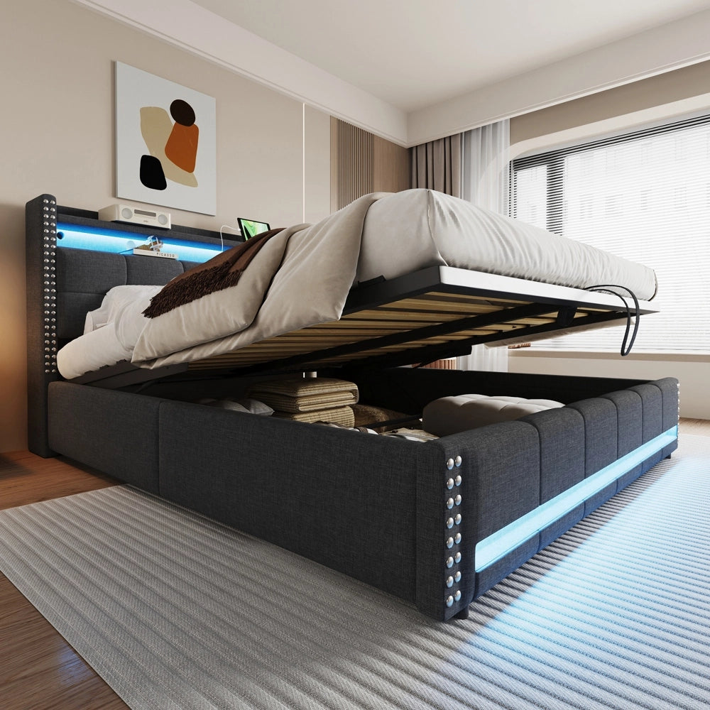 Letto matrimoniale - Xylo - 180x200 cm LED lino grigio