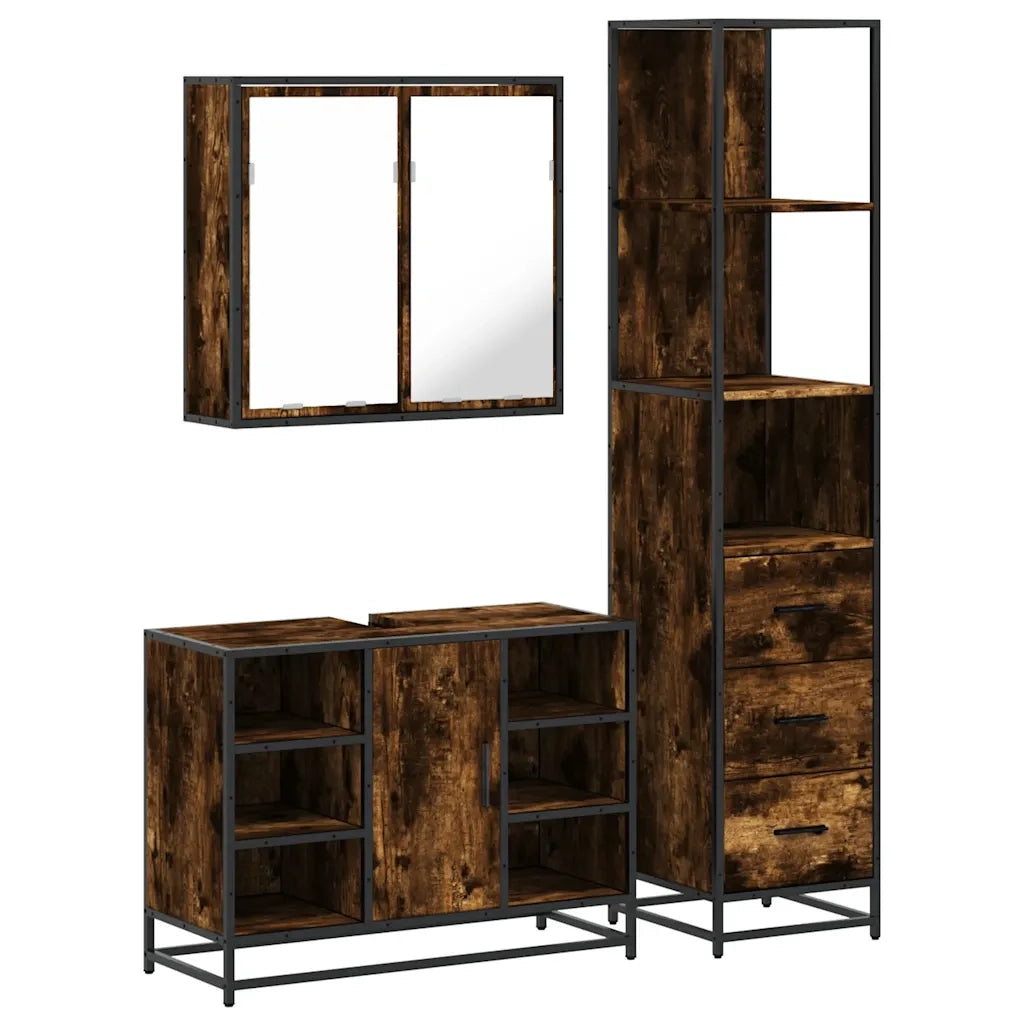 Set Mobili da Bagno | Armadio da bagno 3 pz Rovere Fumo in Legno Multistrato