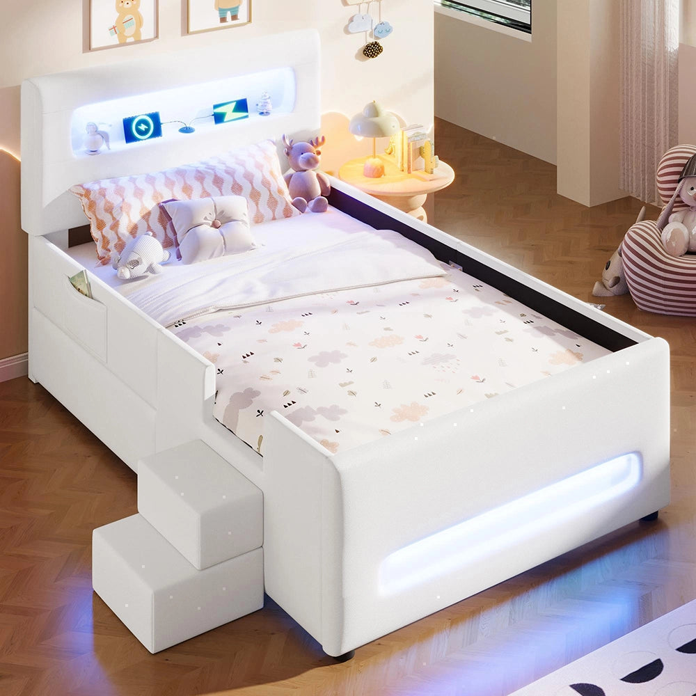 Letto imbottito 90x200cm?- Xylo - scala LED 2 cassetti bianco