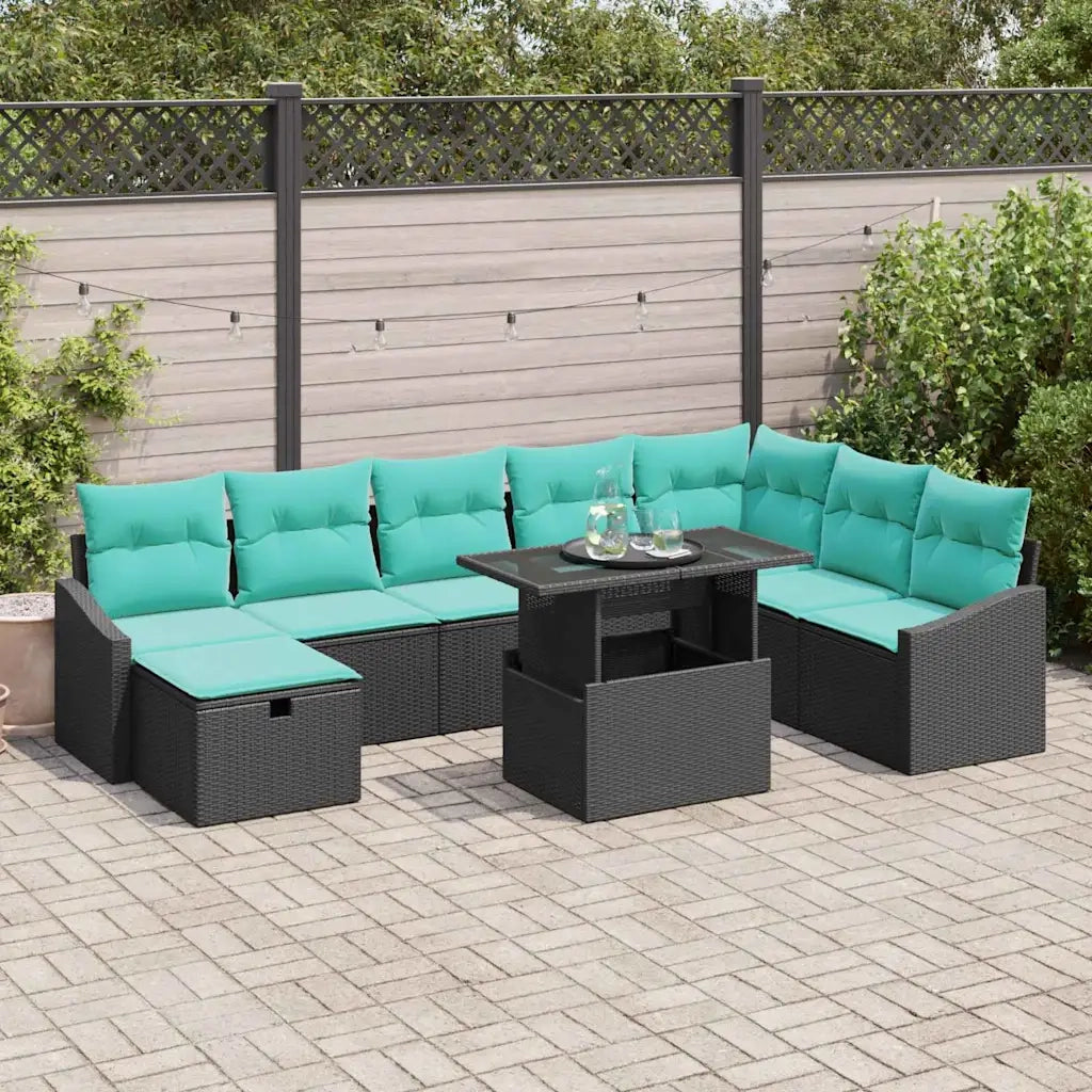 Set Divano da Giardino con cuscino 9 pcs Nero Poly Rattan 3359863