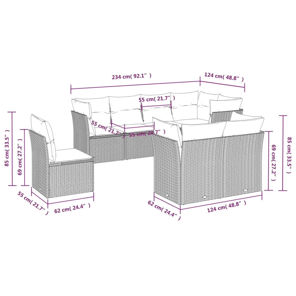 Set Divano da Giardino 8pz con Cuscini Grigio Chiaro Polyrattan