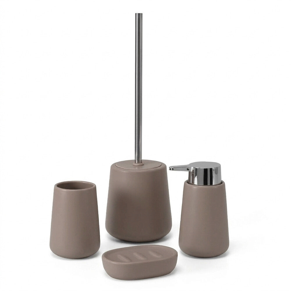 Set accessori bagno con dispenser e portaspazzolini tortora e cromo design tondo Sidney