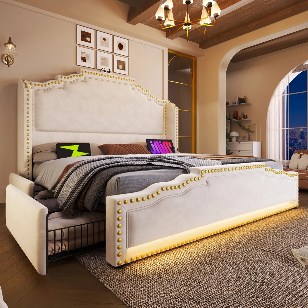Letto imbottito 140x200 - Zephmum - 4 cassetti, LED, USB-C, velluto, beige