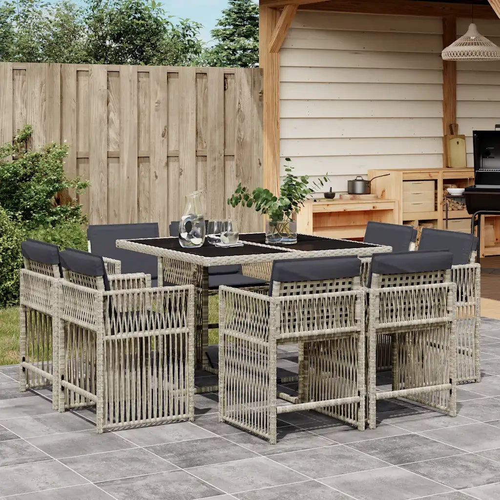 Set Pranzo da Giardino 9pz con Cuscini Grigio Chiaro Polyrattan