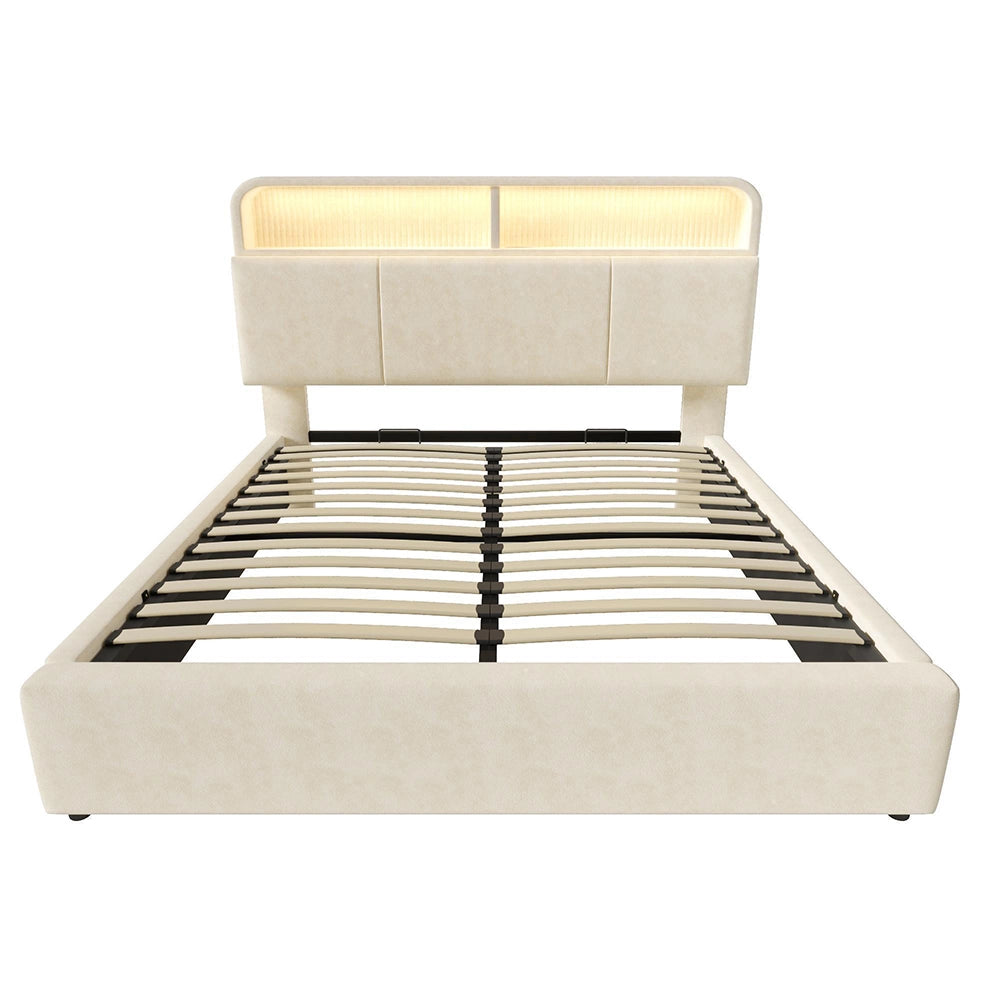 Letto 140x200cm?- Xylo - idraulico LED USB velluto beige