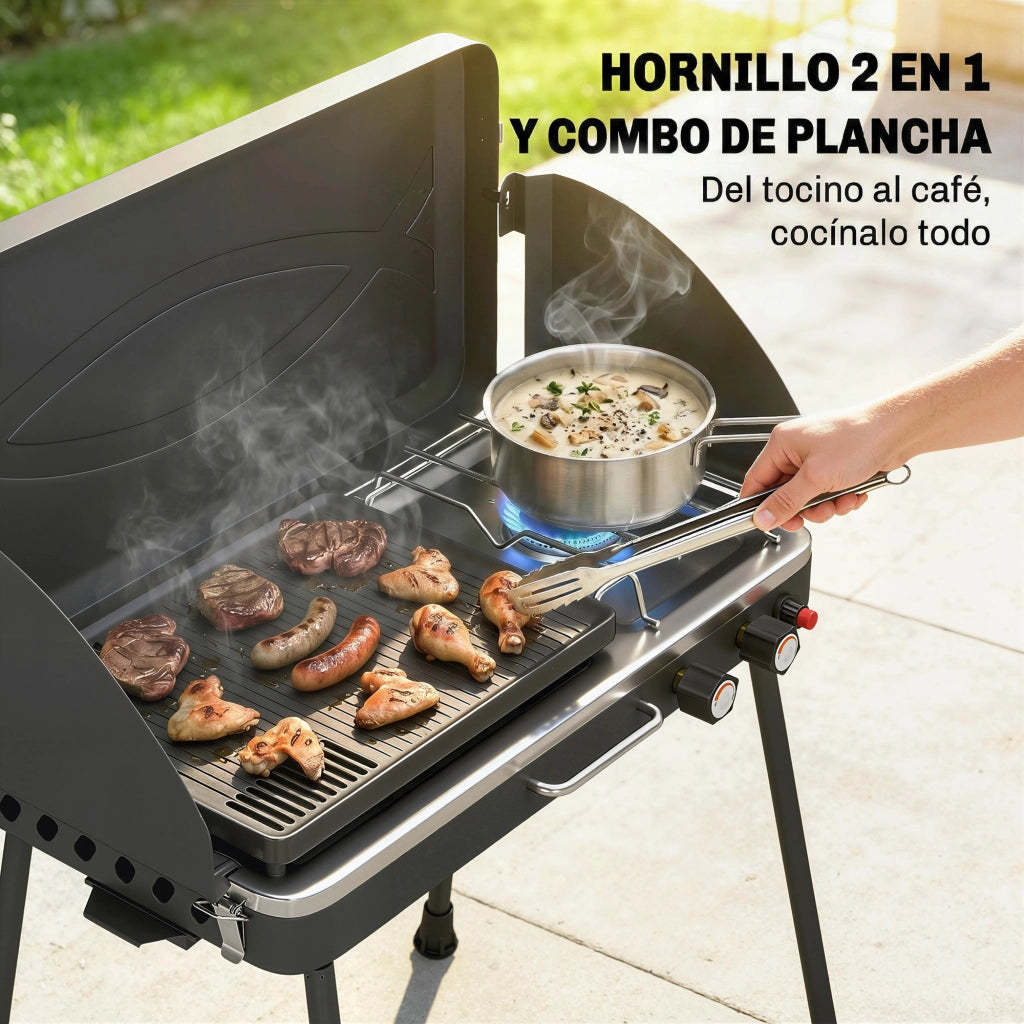 Barbecue a Gas Portatile 2 in 1 ¨C zephmum ¨C 7 kW Grigio Nero con Griglia e Piani