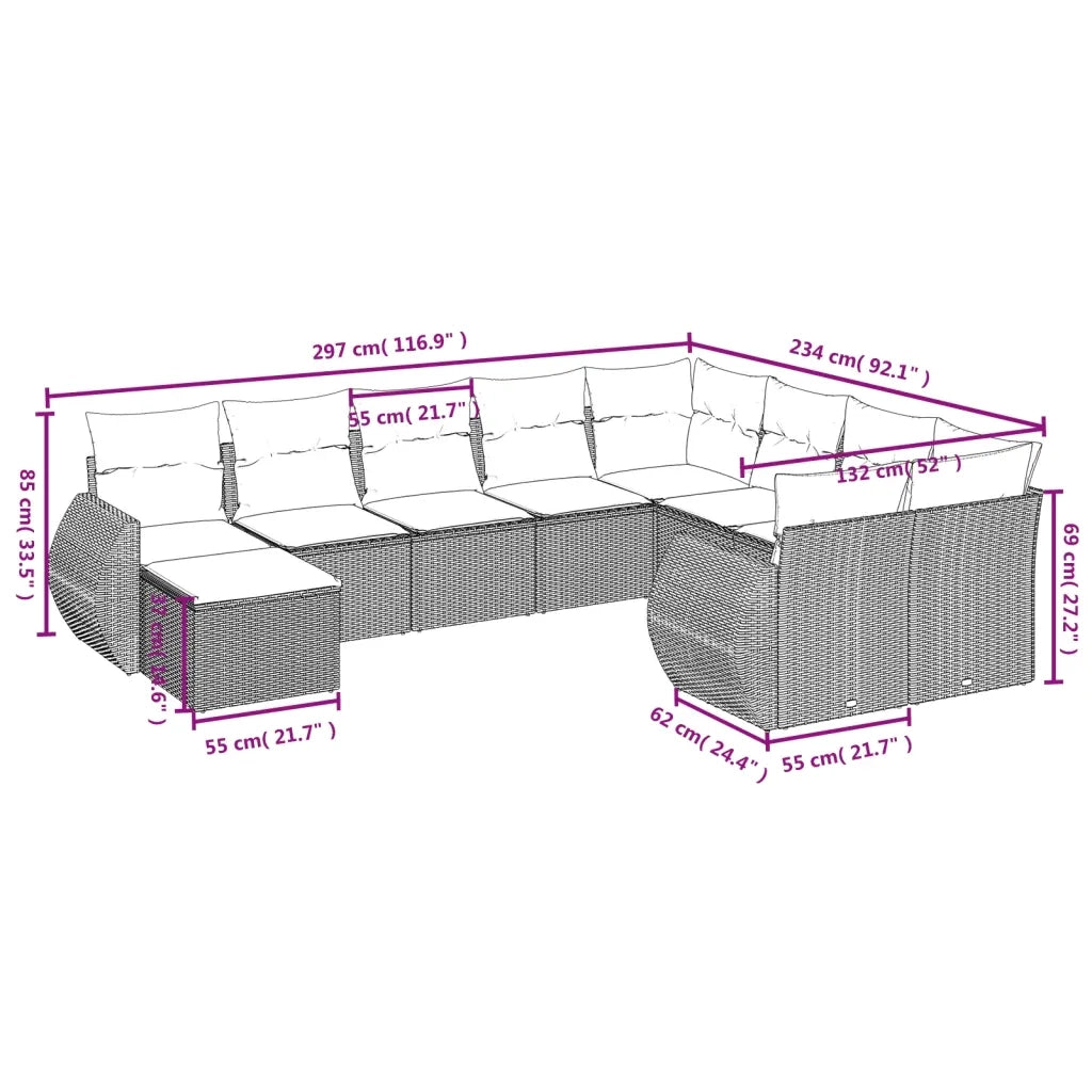 Set Divani da Giardino 10pz con Cuscini in Polyrattan Nero 3225167