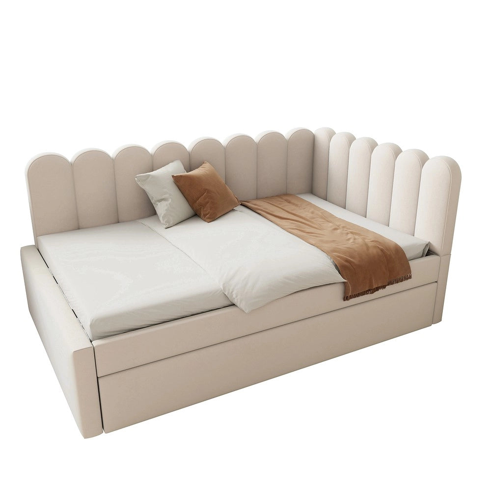 Letto Imbottito con Divano Estraibile a L ¨C MINIMAL ¨C Velluto Beige 140x200