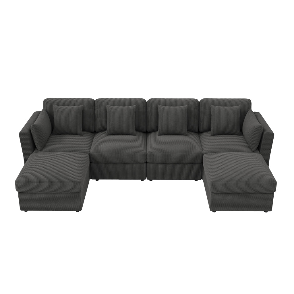 Divano modulare angolare U in corduroy grigio, 4-6 posti, con pouf spostabili e braccioli regolabili