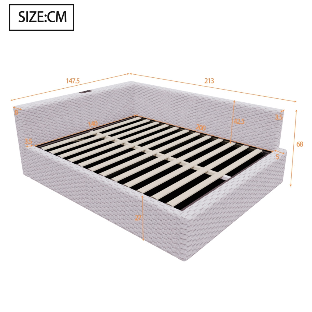 LETTO Contenitore 140x200 cm in velluto grigio con LED e porte USB