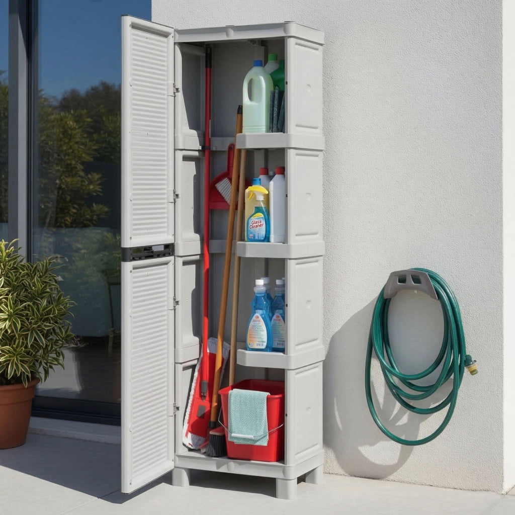 Armadio portascope da esterno o Achae, Mobile a 1 anta e 3 ripiani in polipropilene, 100% Made in Italy, cm 50x39h172, colore Grigio chiaro