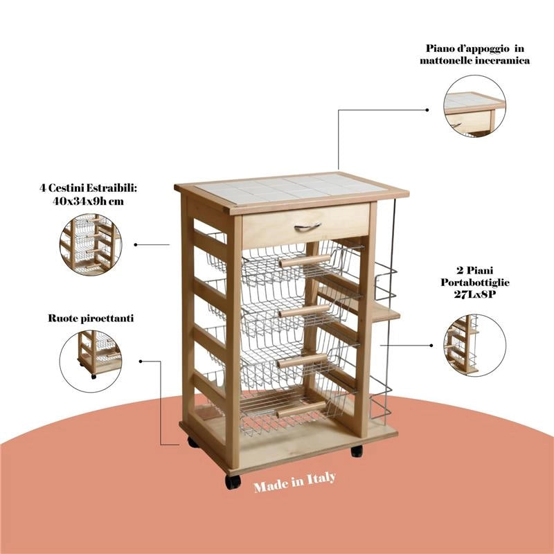 CARRELLO VESUVIO CON CASSETTO+PORTABOTTIGLIE NATURALEIN FAGGIO E BASE INFERIORE MULTISTRATO DI BETULLA 1 CASSETTO 4 CESTELLI
