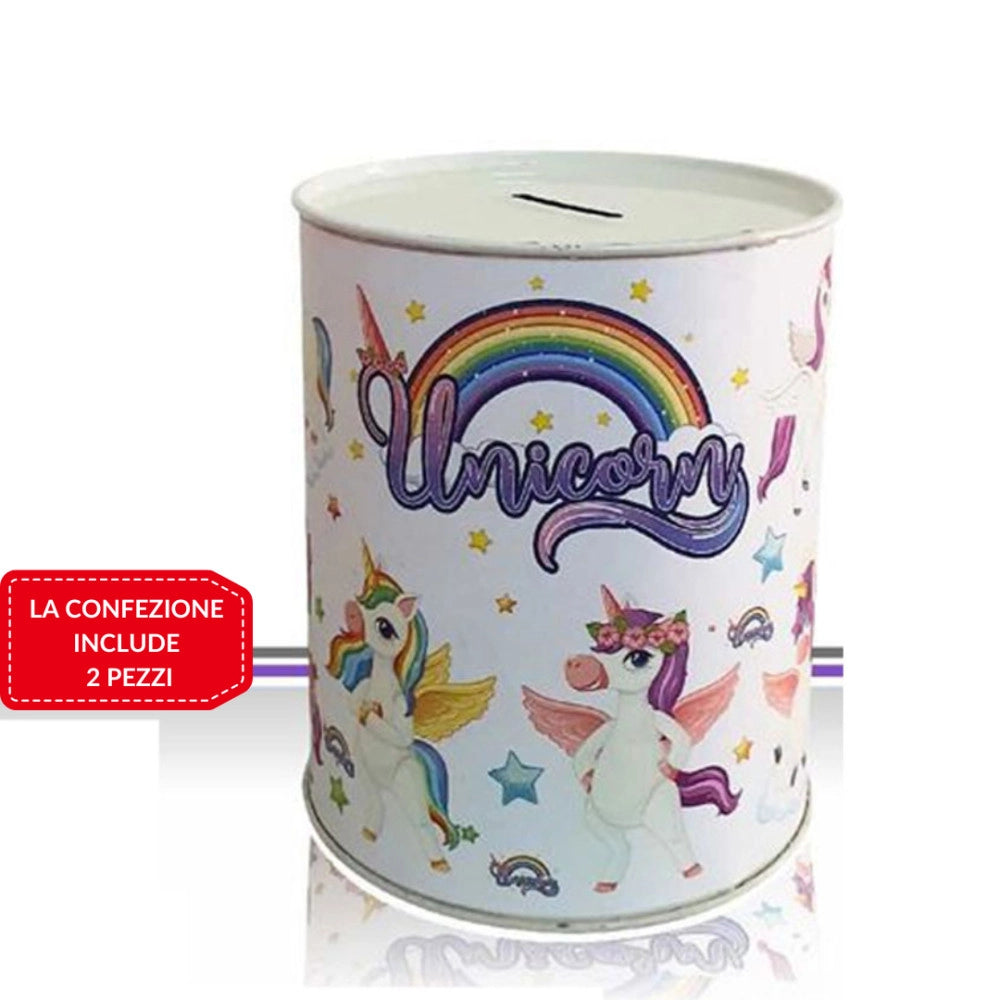 Trade Shop - Set 2 Pezzi Salvadanaio Latta Mini Monete Banconote Apertura Disegni Misti 11 Cm -