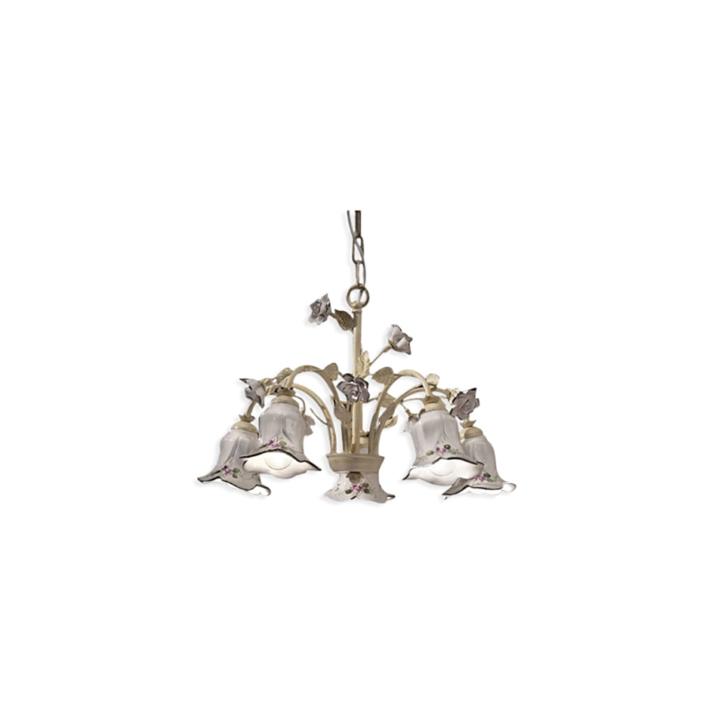 Lampadario Classico Pisa Metallo E Ceramica Bianco Sfumato Oro 5 Luci E14