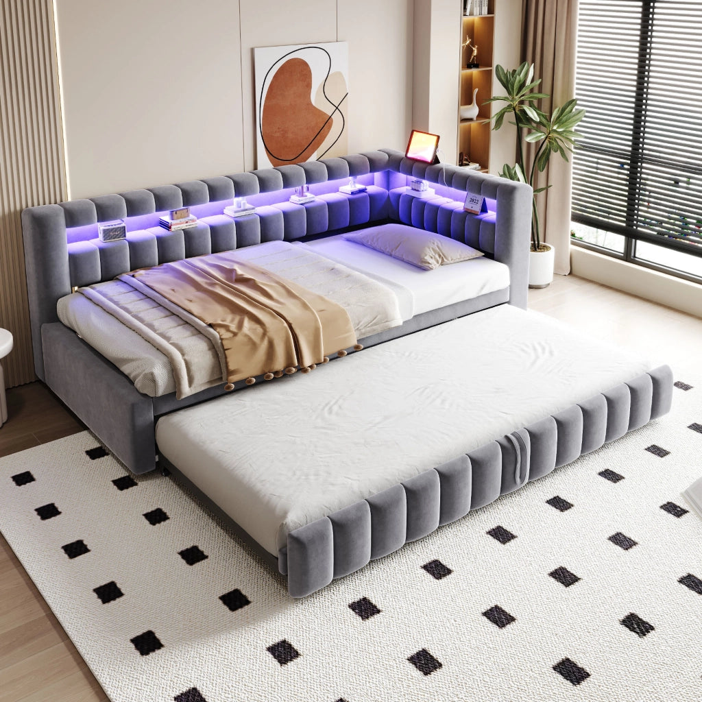 LETTO imbottito estraibile 90x200 cm velluto grigio con LED