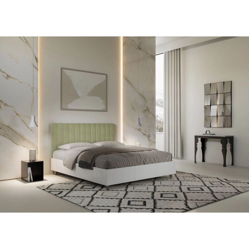Letto Matrimoniale 160x200 cm struttura bianco frassino testata Kaia - Contenitore,Microfibra,Tè verde