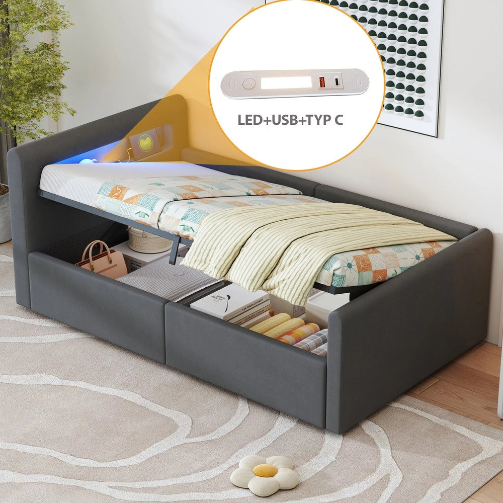 Letto Singolo Imbottito con LED, USB e Contenitore Idraulico ¨C MINIMAL ¨C Velluto Grigio Scuro 90x200