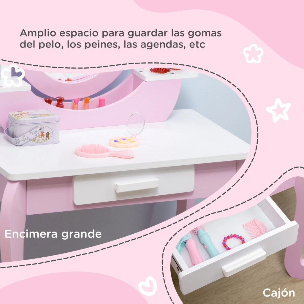 Tocador per Bambini con Specchio e Sgabello ¨C Minimal ¨C 65,5x46x93 cm Rosa