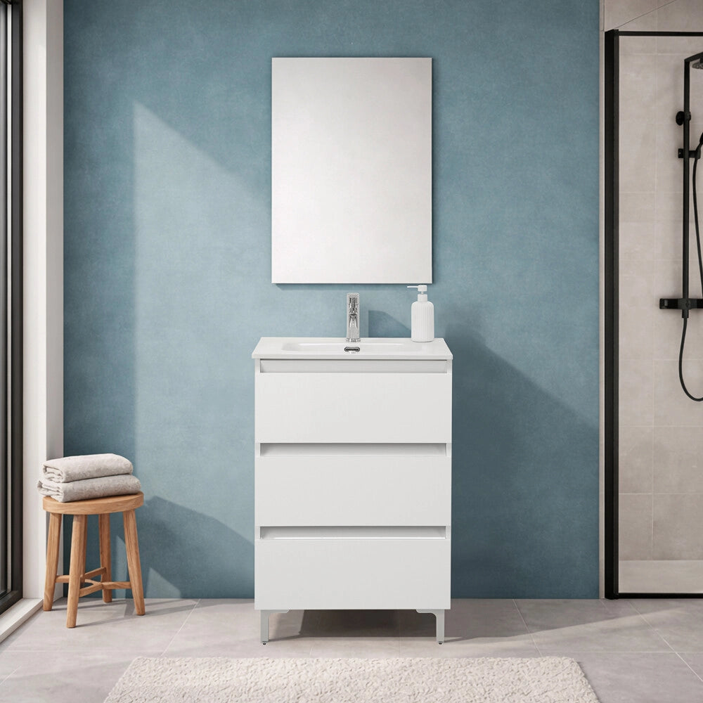 Mobile bagno a terra 60 cm in bianco lucido con lavabo e specchio Leda