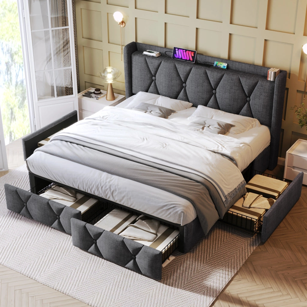 LETTO Contenitore 140x200 cm Grigio in lino con 4 cassetti e prese USB