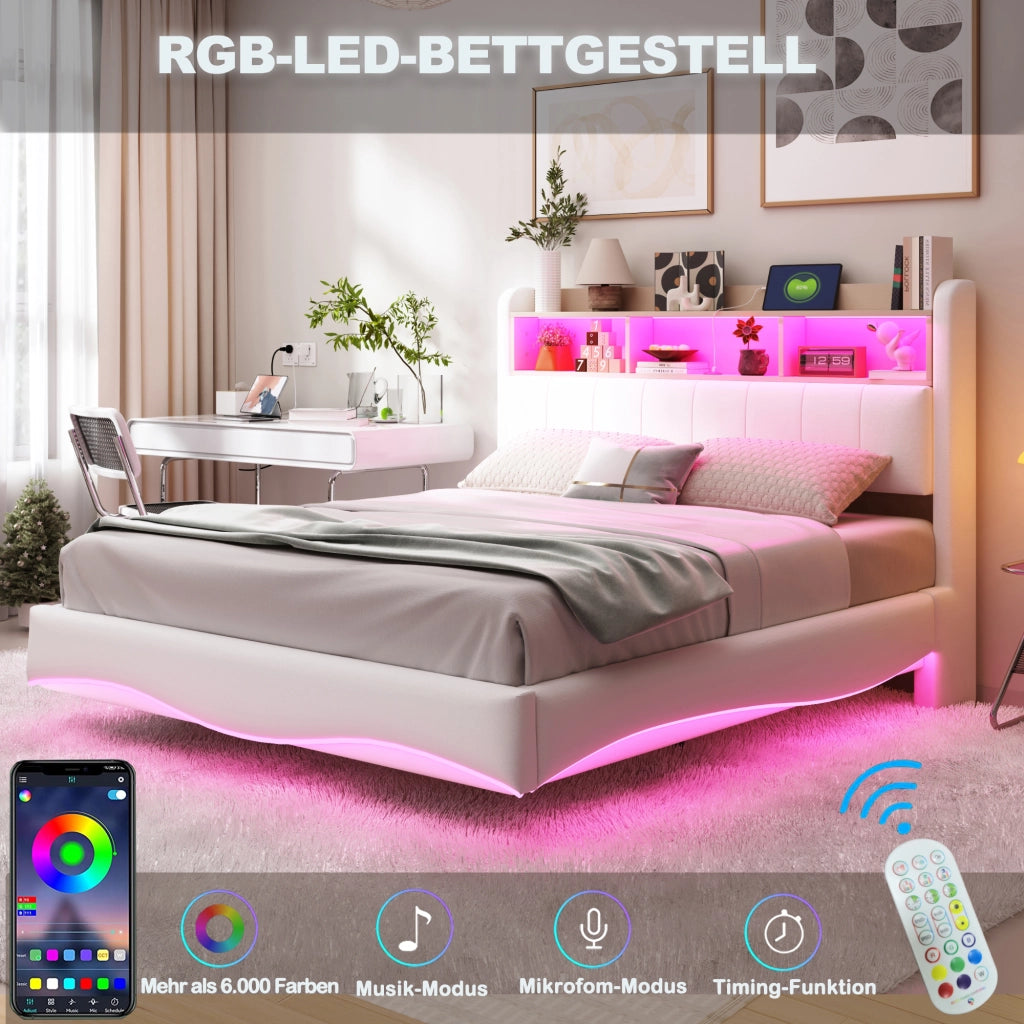 LETTO sospeso 140x200 cm beige in tessuto con LED, USB e Type-C