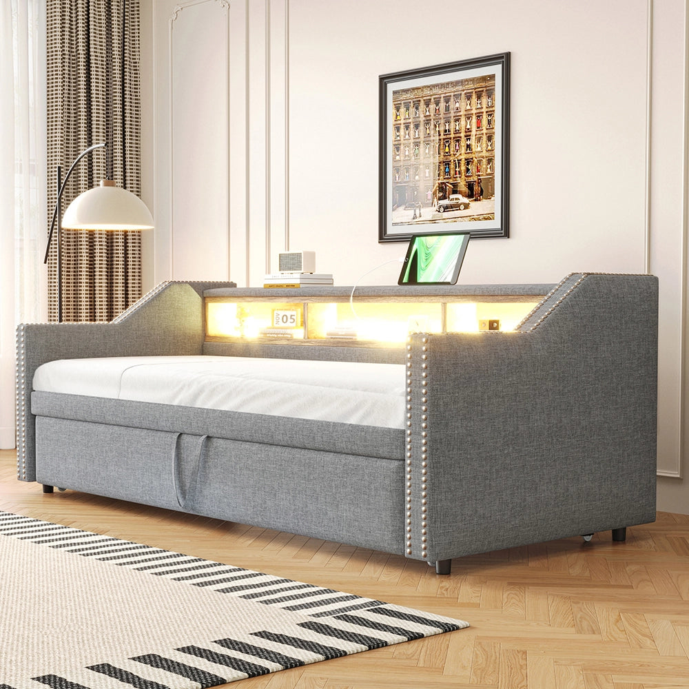 Divano letto - Xylo - 90/180x190 cm LED USB grigio chiaro