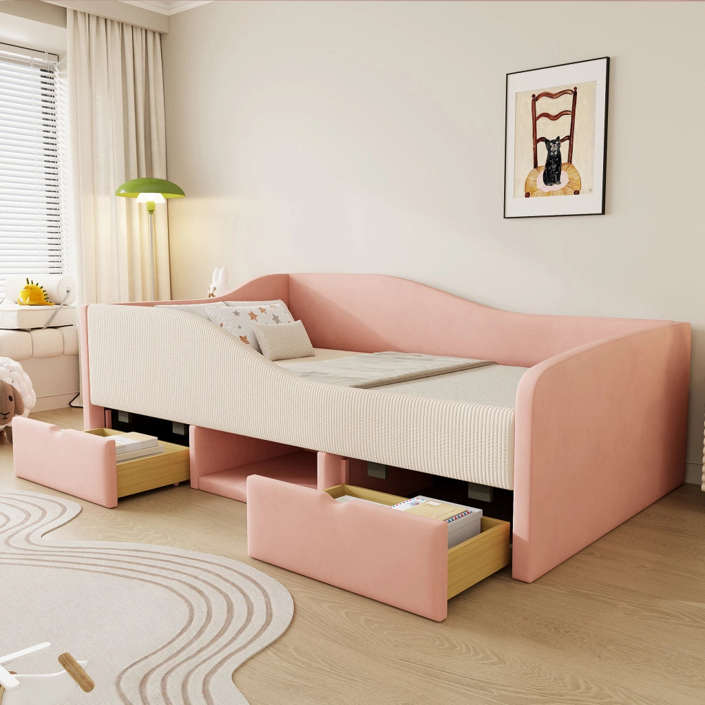 LETTO imbottito 90x190 cm in velluto rosa e bianco con sponde di sicurezza