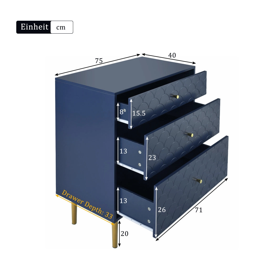 COMODA a 3 cassetti 75x40x89 cm Blu navy con gambe color champagne