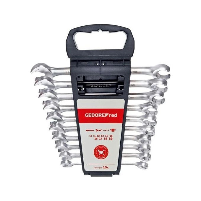 GEDORE RED 3301003 Set di 10 Chiavi Combinata a Cricchetto Aperta 10-19 mm con Angolo 15° e Supporto in Plastica colore Nero