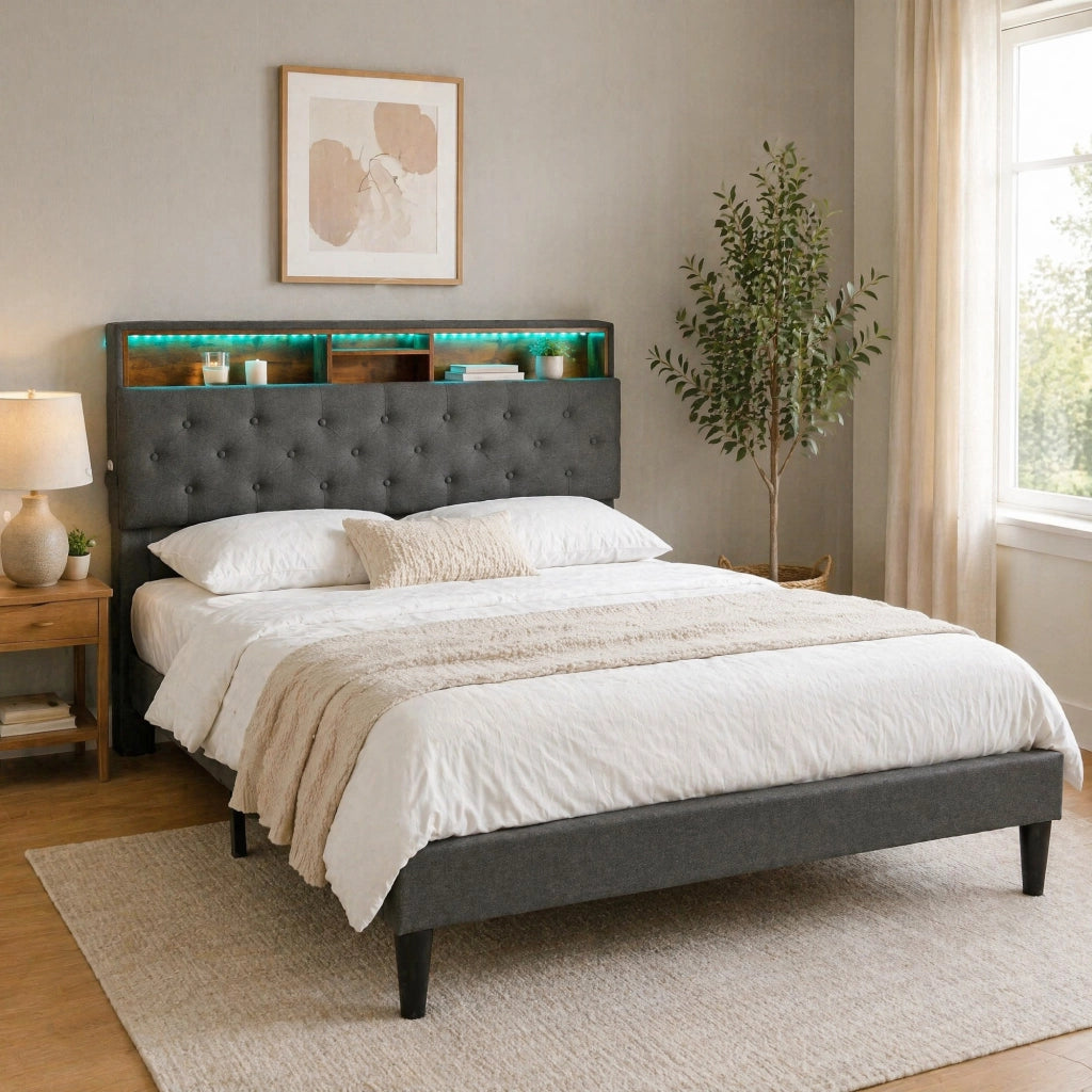 LETTO imbottito 140x200 cm grigio con testiera contenitore e LED