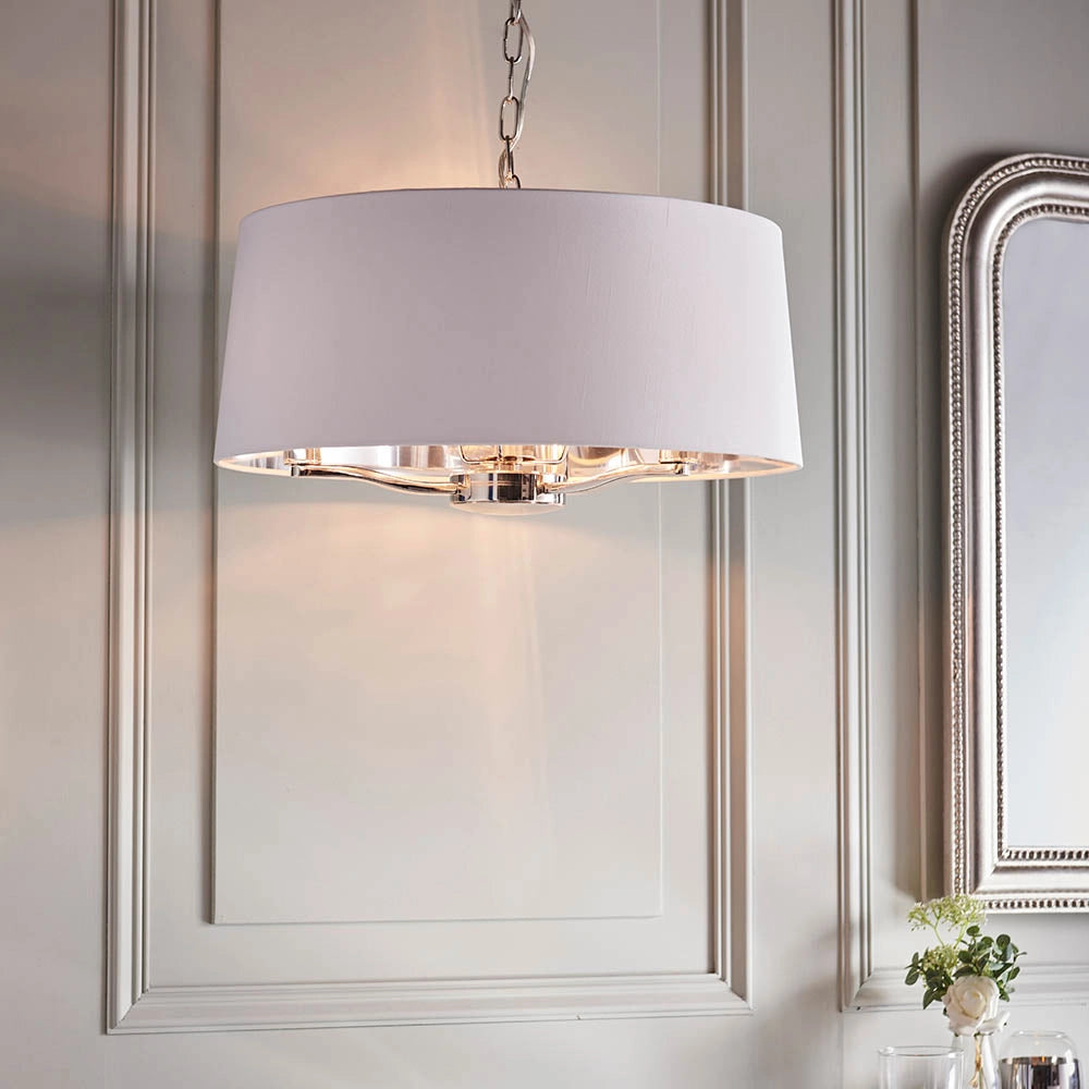 Lampada a sospensione 3 luci catena nichel paralume bianco E14