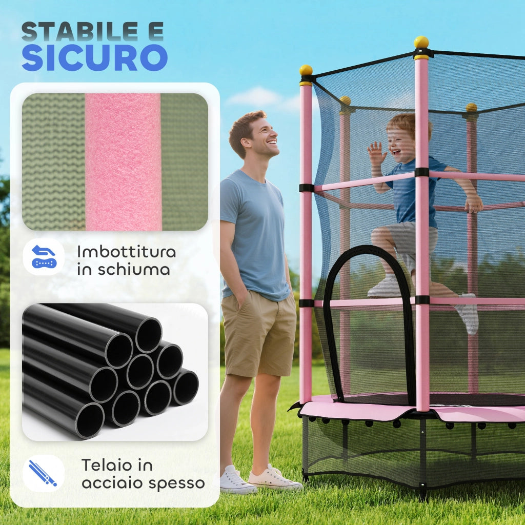 Tappeto Elastico per Bambini con Rete di Sicurezza ¨C Minimal ¨C Rosa, ?140x190 cm