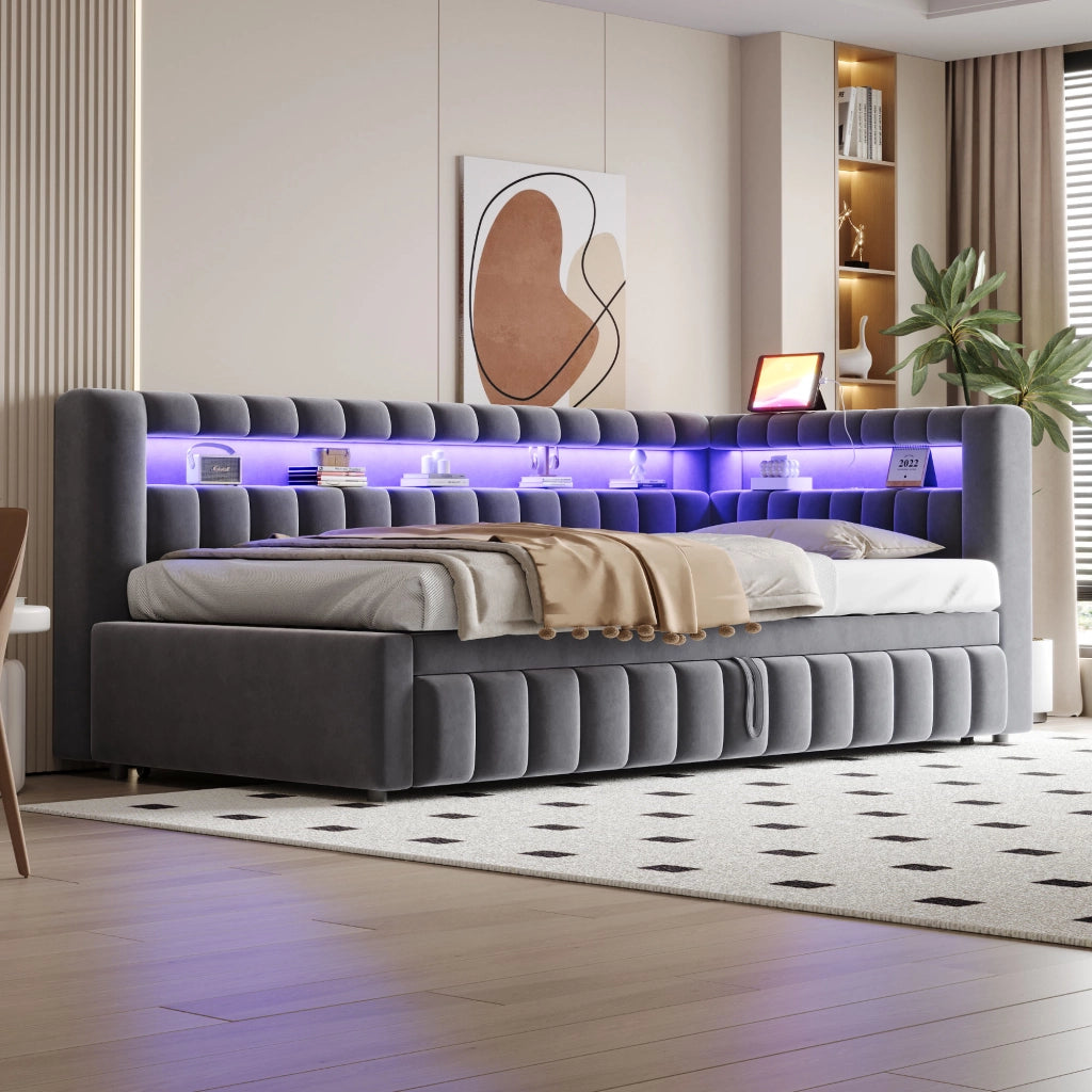 LETTO imbottito estraibile 90x200 cm velluto grigio con LED