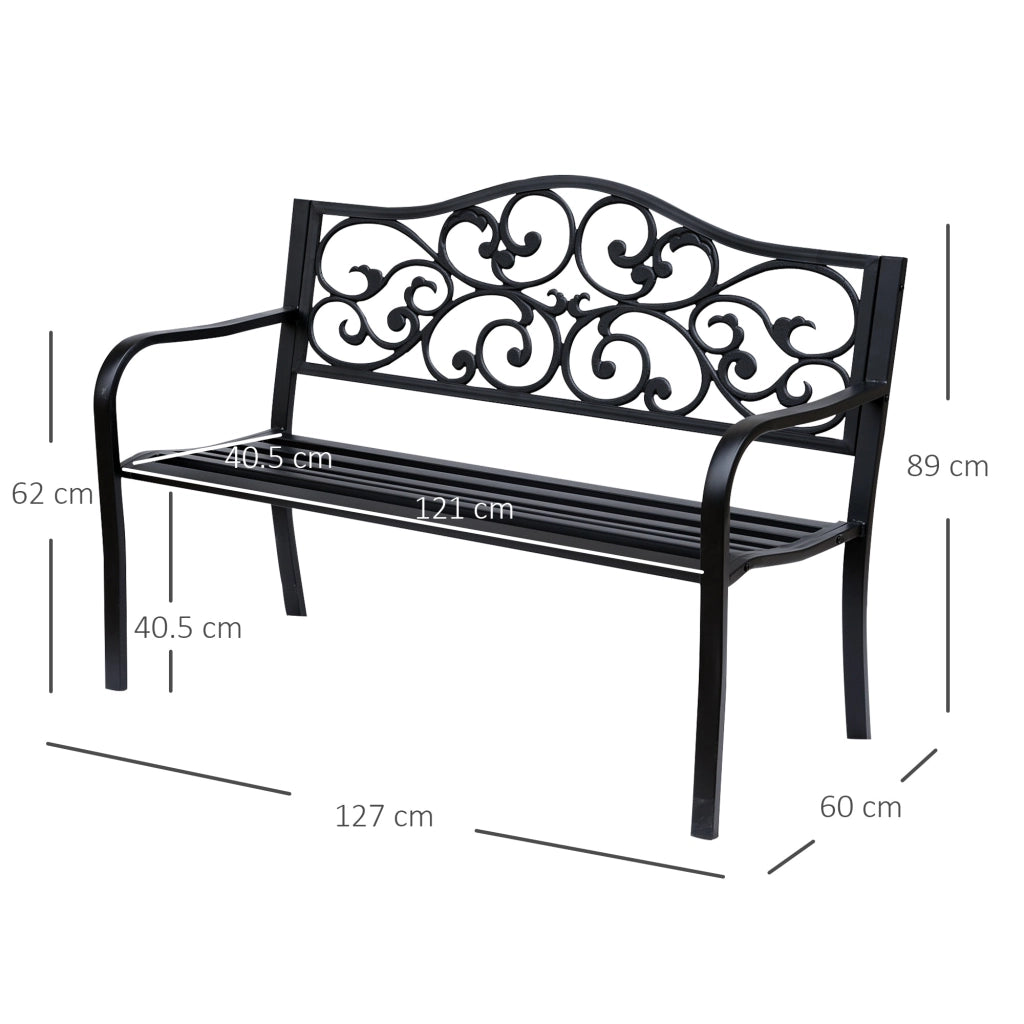 Panchina da Giardino 2 Posti con Schienale Decorato 127x60x89 cm in Ghisa e Metallo Nero