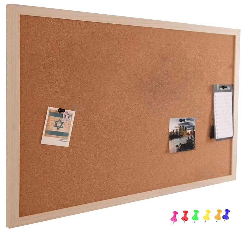 Trade Shop - Pannello Bacheca Da Parete In Sughero Con Cornice Legno 60 X 90 Cm + 6 Puntine -
