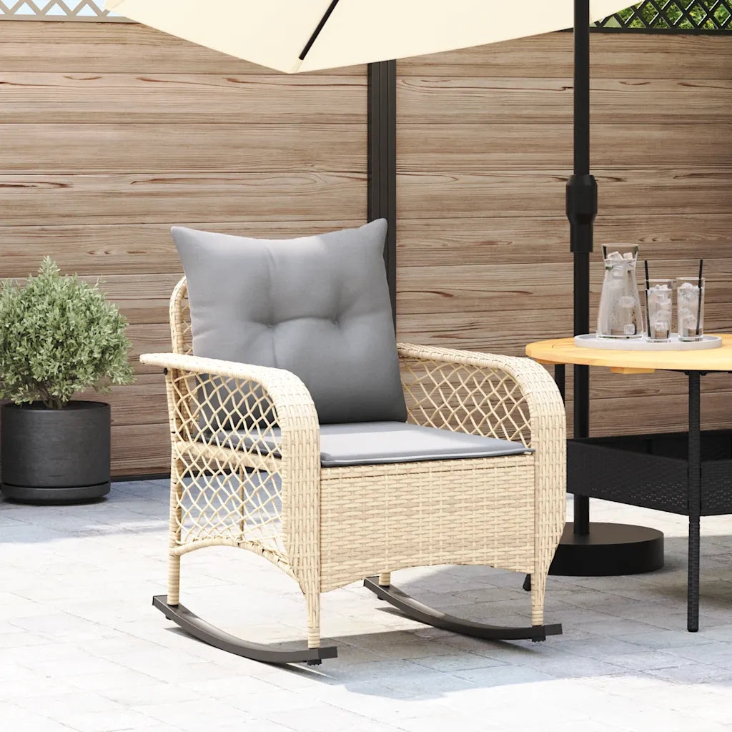 Sedia a Dondolo da Giardino | Sedie da Esterno con Cuscini in Polyrattan Beige
