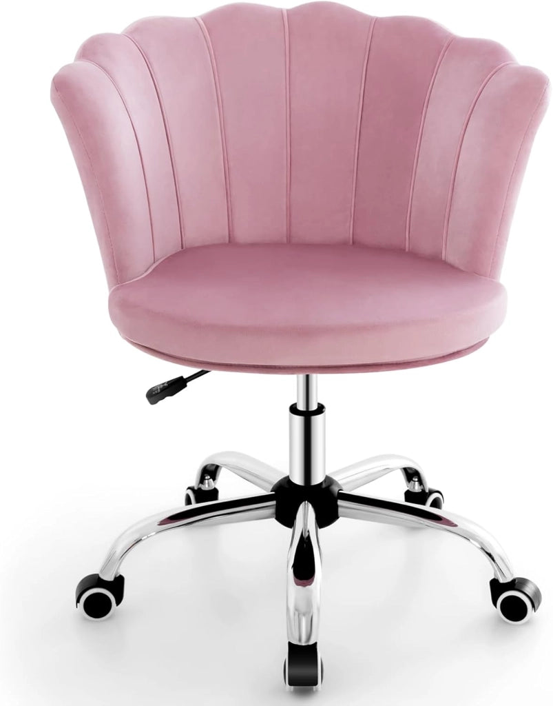 Sedia da Scrivania in Velluto, Poltrona Girevole con Altezza Regolabile, con Schienale a Forma di Petalo e Ruote, per Casa Ufficio, Carico Massimo 150 kg (Rosa)