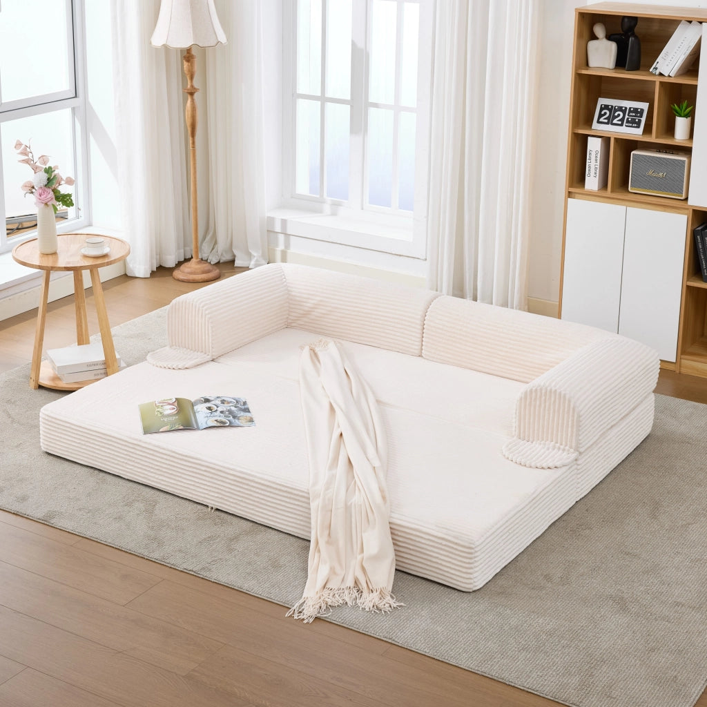 Divano Modulare 1 Posto e 2 Posti in Tessuto Corduroy Imbottito Beige