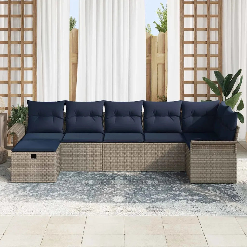 Set Divano da Giardino 7 pcs Grigio e Blu Navy polyrattan 3358904