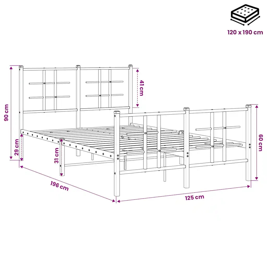 Letto matrimoniale | Letto per adulti | Giroletto con Testiera e Pediera Metallo Nero 120x190 cm