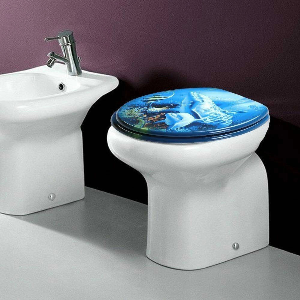 Trade Shop - Copriwater Universale Con Stampa Delfini Oceano Copri Tavoletta Wc Bagno Legno -        3,5
