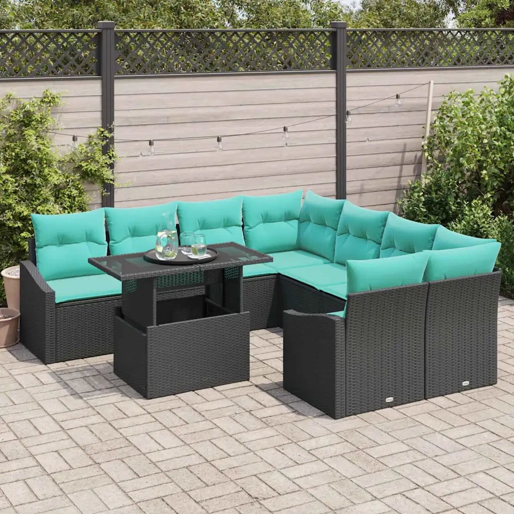 Set Divano da Giardino con cuscino 9 pcs Nero e blu polyrattan 3348982