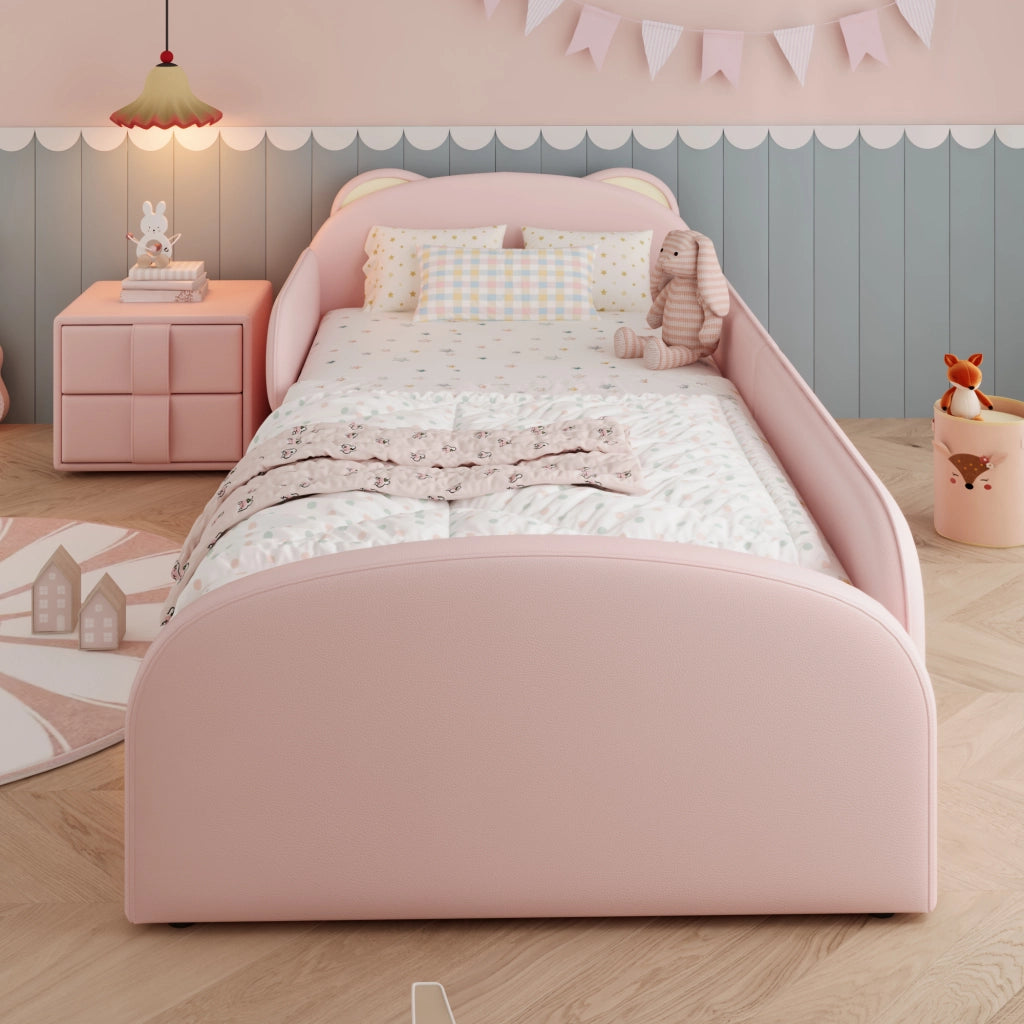 LETTO imbottito a forma di orso 90x200 cm rosa con comodino