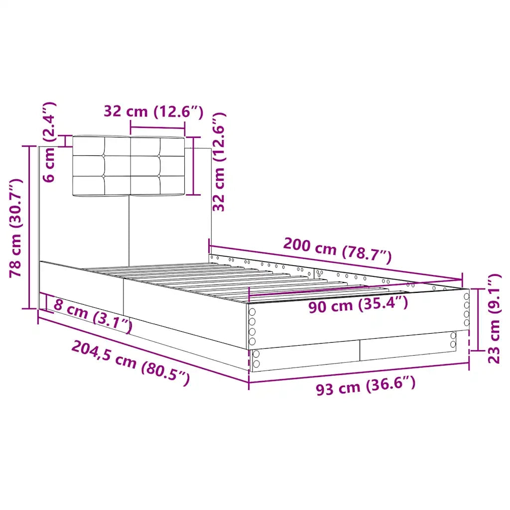Letto singolo | Letto per adulti | Giroletto con Testiera Bianco 90x200 cm in Legno Multistrato