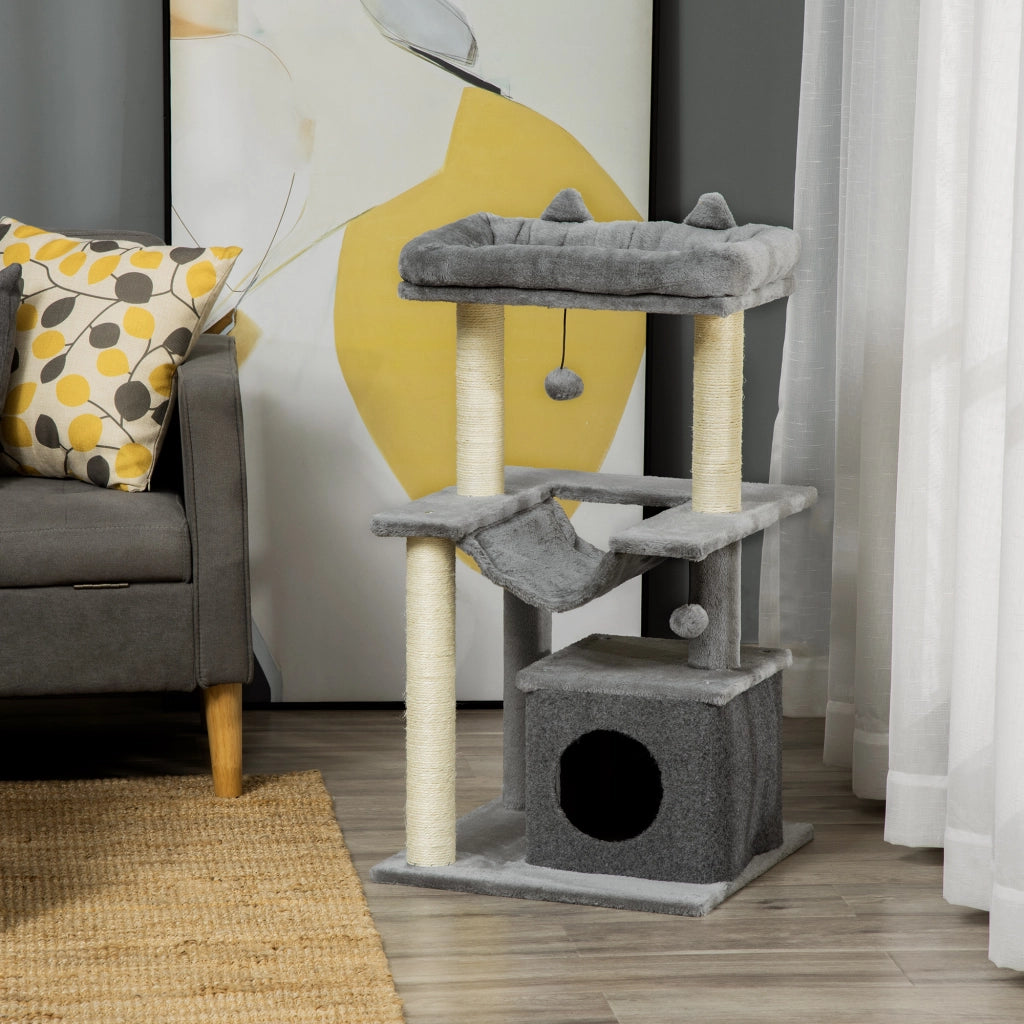 Tiragraffi per Gatti con Casetta e Amaca ¨C Minimal ¨C Grigio 100cm