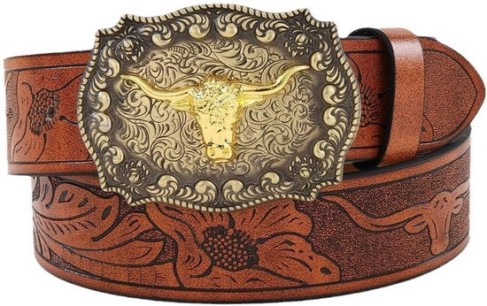 Cintura western con testa di toro - Pelle - 120 cm lunga - Stile western - Unico modello - Disegno accattivante - Cinturone