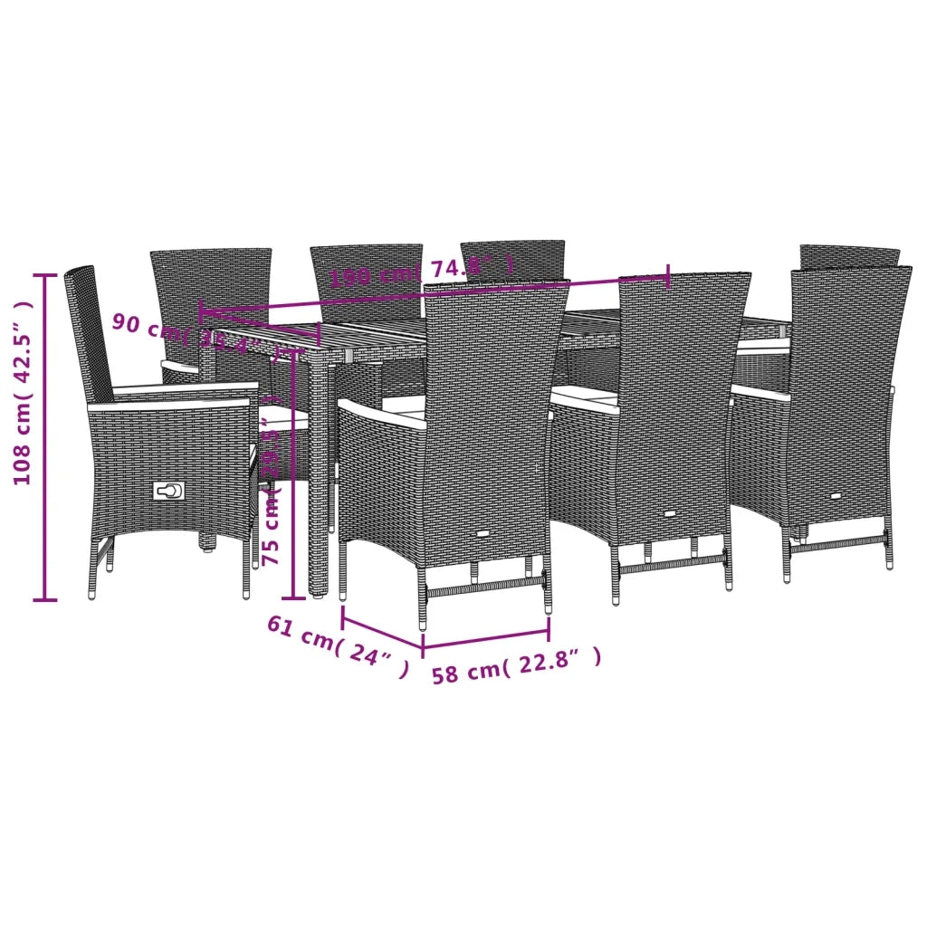 Set da Pranzo da Giardino 9 pz con Cuscini Nero in Polyrattan 3277516