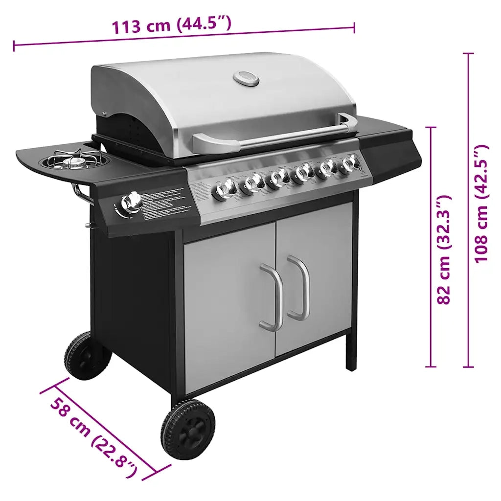 Barbecue e Griglia a Gas 6+1 Fornelli Nero e Argento 41907