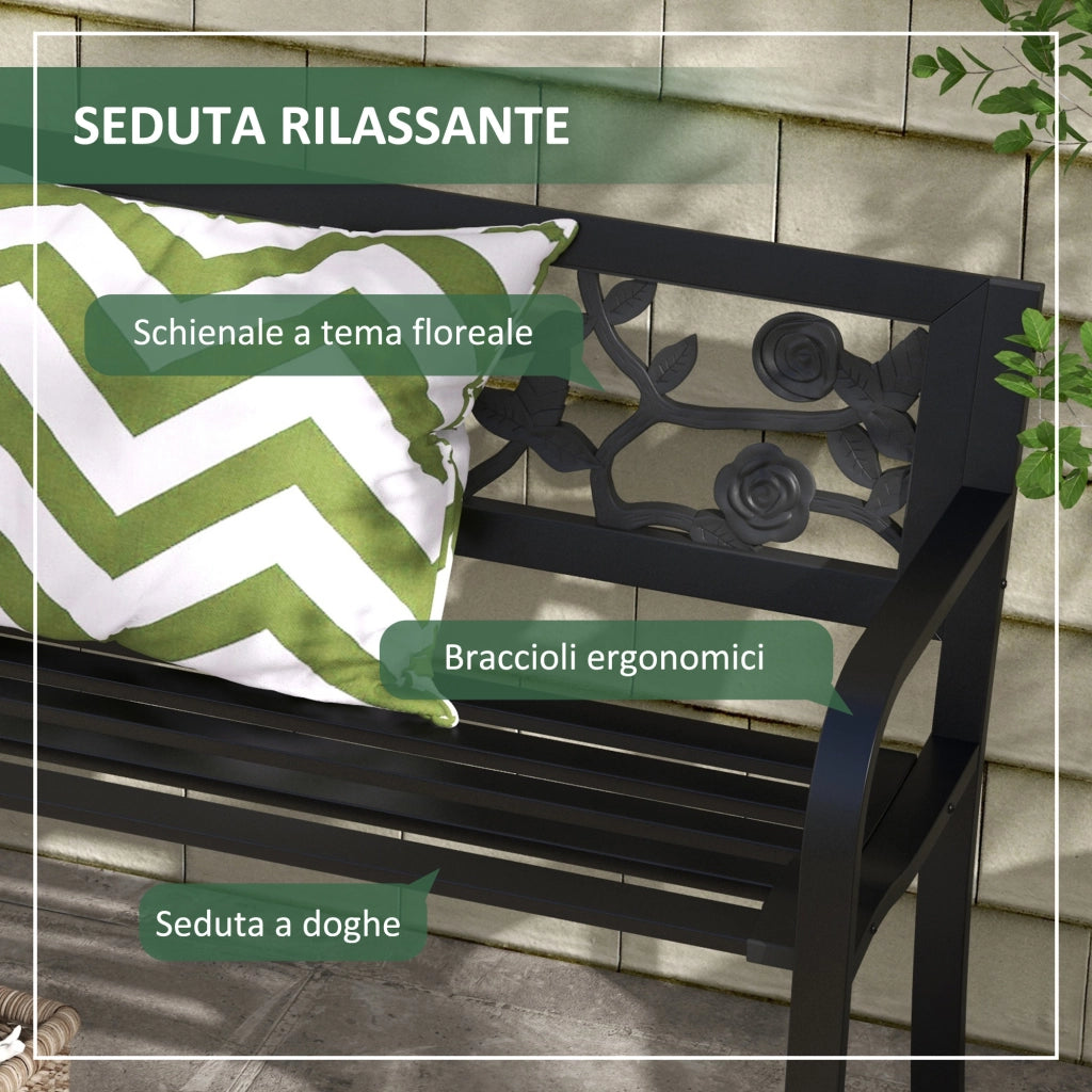 Panchina da Giardino 2 Posti ¨C Xylo ¨C Acciaio Nero con Schienale Decorato e Braccioli 127x50x75cm