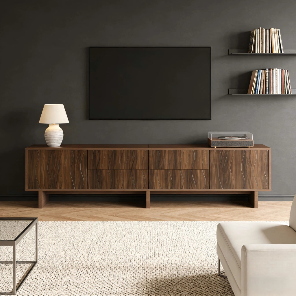 Mobile TV 180 x 40 x 56 cm con 4 cassetti e 2 ante, design ondulato, per TV fino a 75 pollici, colore noce